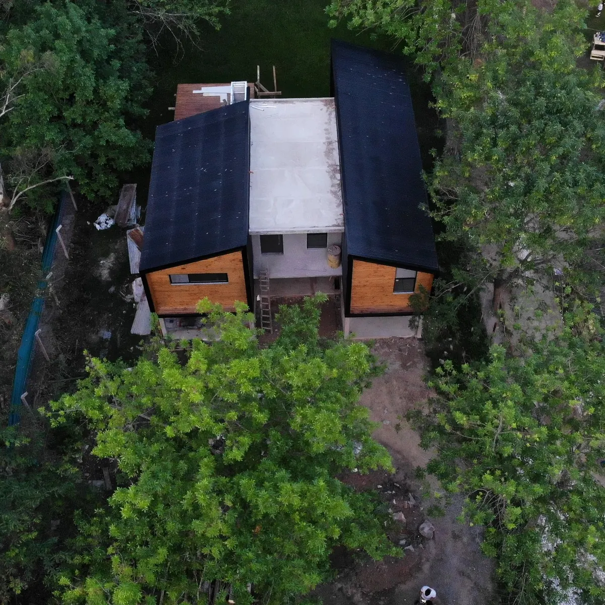 La casa desde arriba: la implantación entre los eucaliptos, sin desmonte del terreno