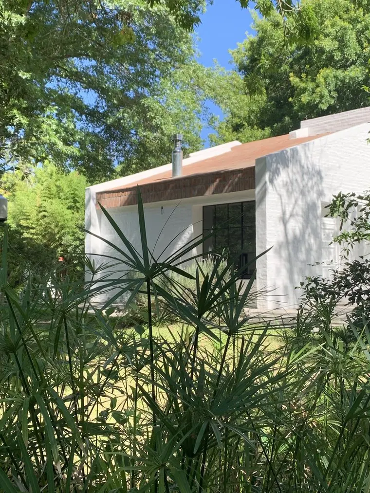 Lateral de la casa blanca con alero de ladrillo visto, detrás de los papiros del jardín