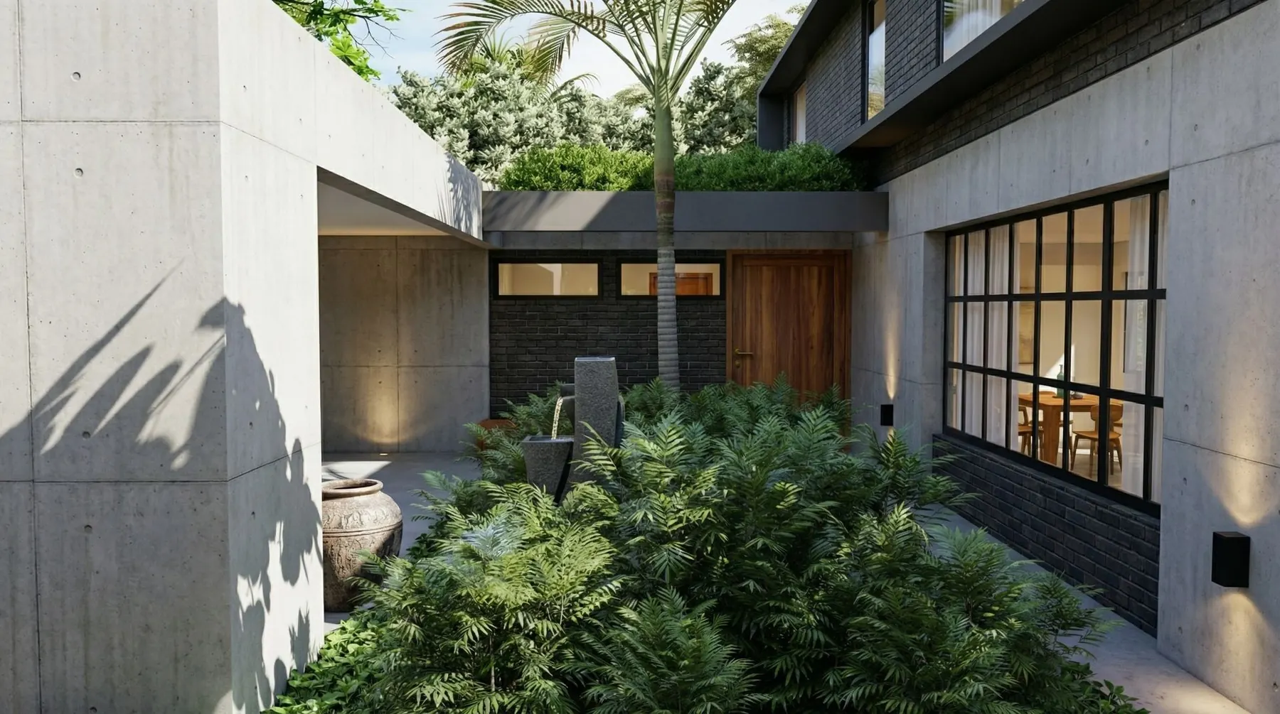 Render del patio interior con palmera, fuente y muro de ladrillo negro
