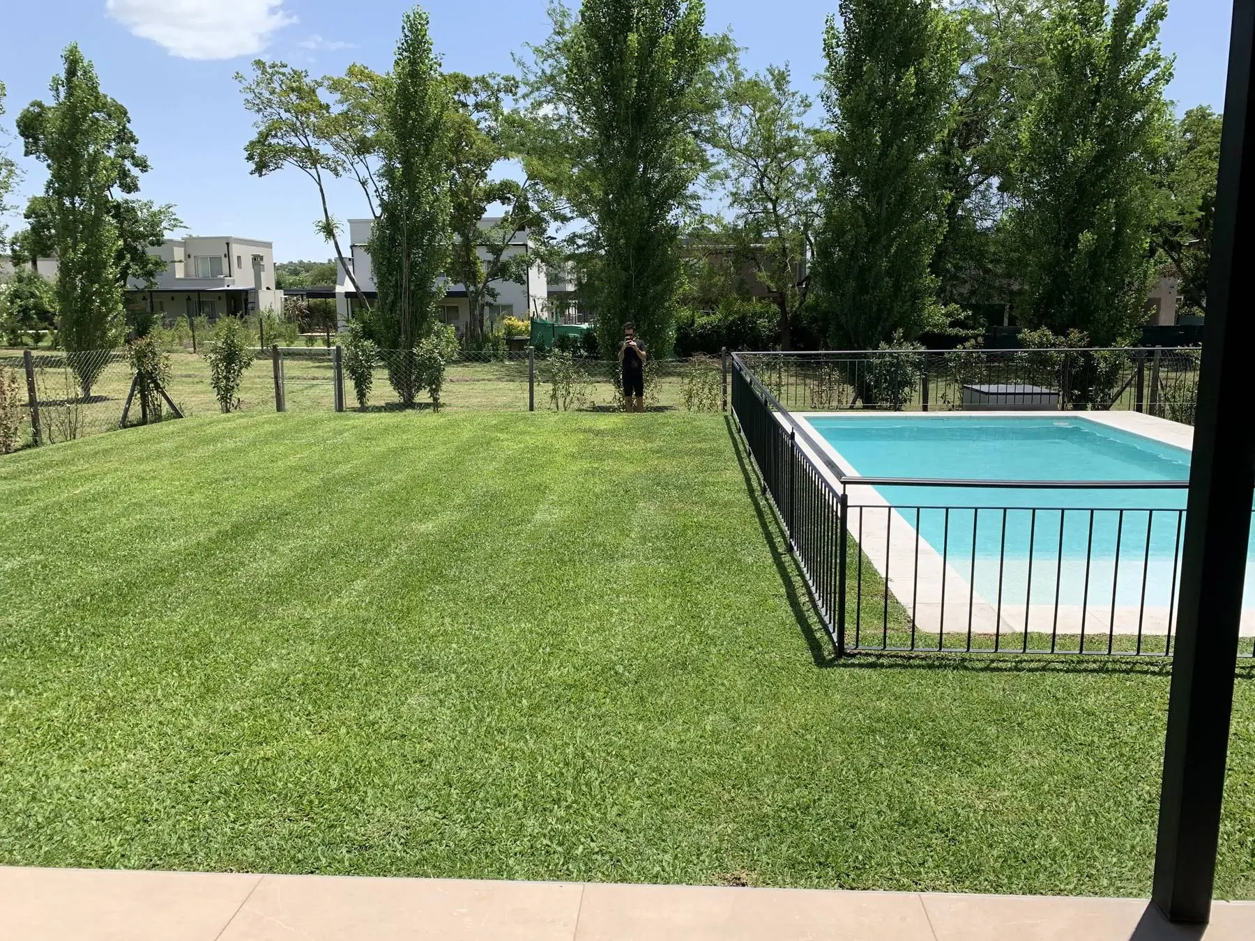 El parque y la pileta vistos desde la galería, con el césped entero entre la casa y el agua