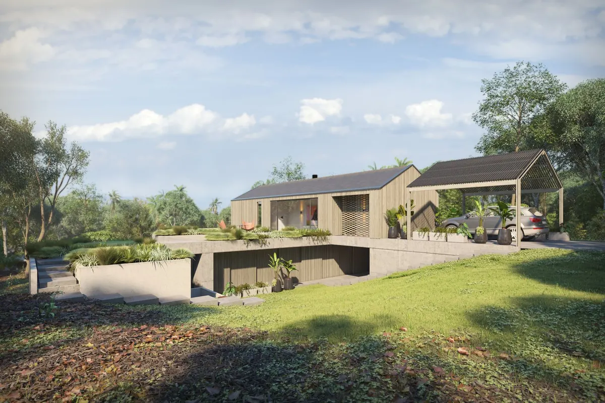 Render del acceso: volumen revestido en madera, cochera y el terreno en pendiente